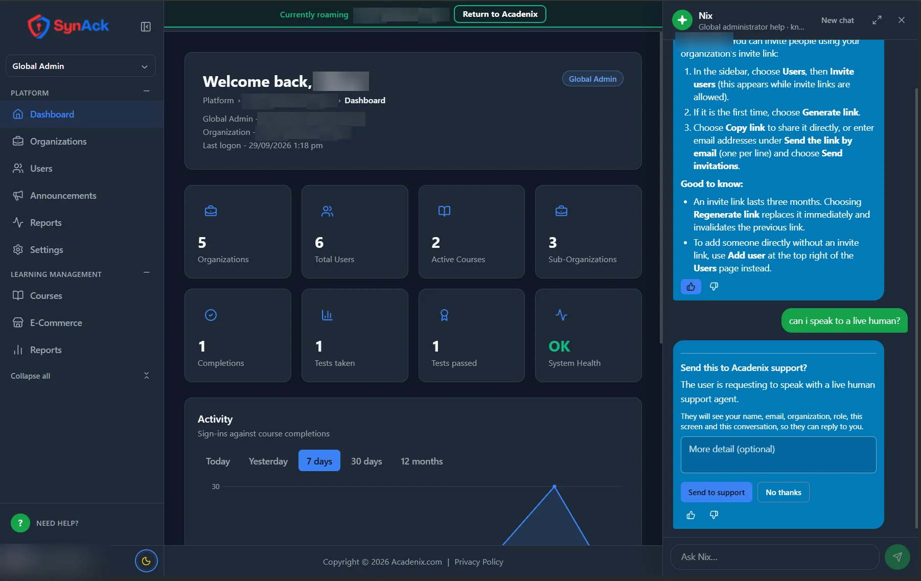 Acadenix LMS administrator dashboard with Nix, the AI help assistant, explaining invite links