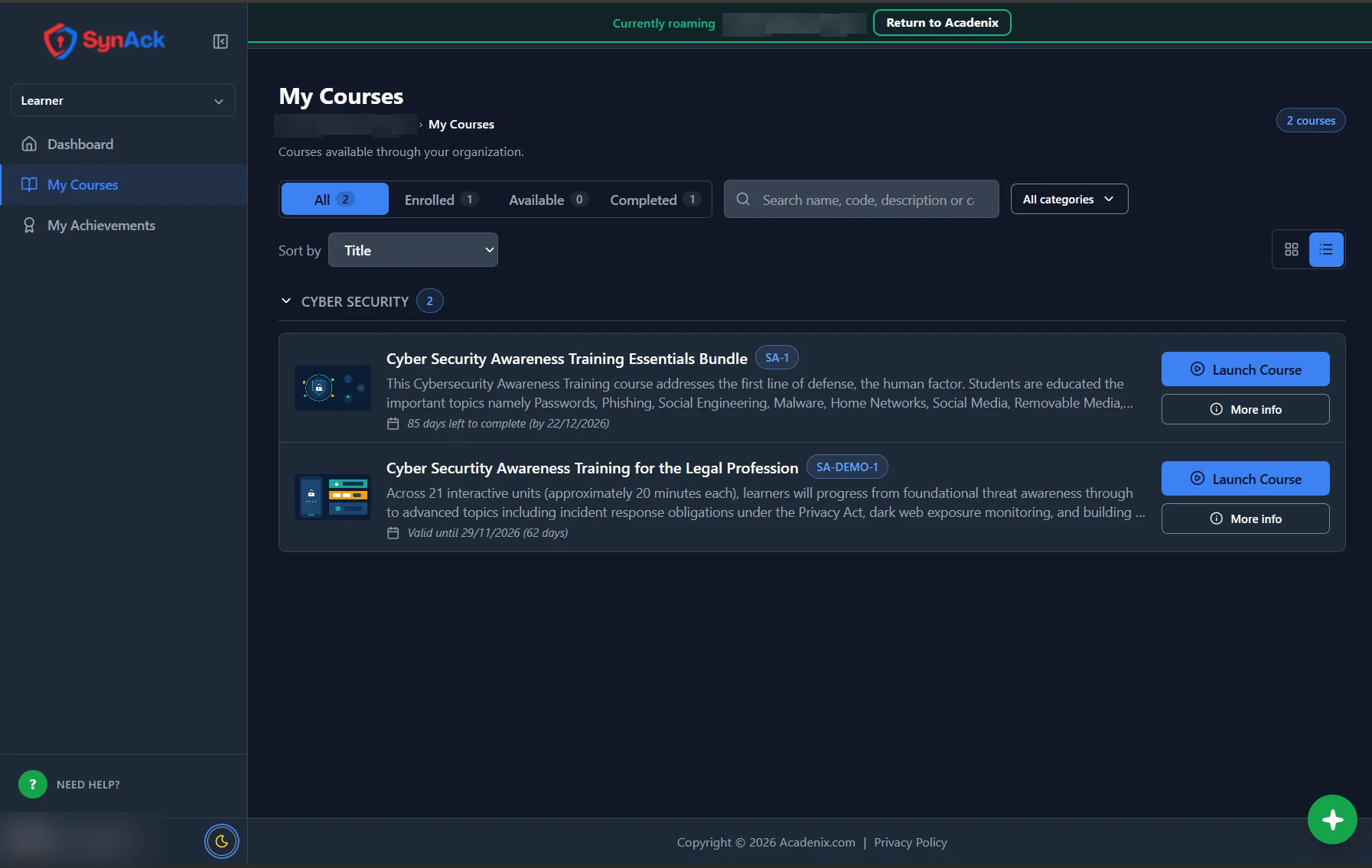 A custom-branded Acadenix LMS academy showing a learner's courses