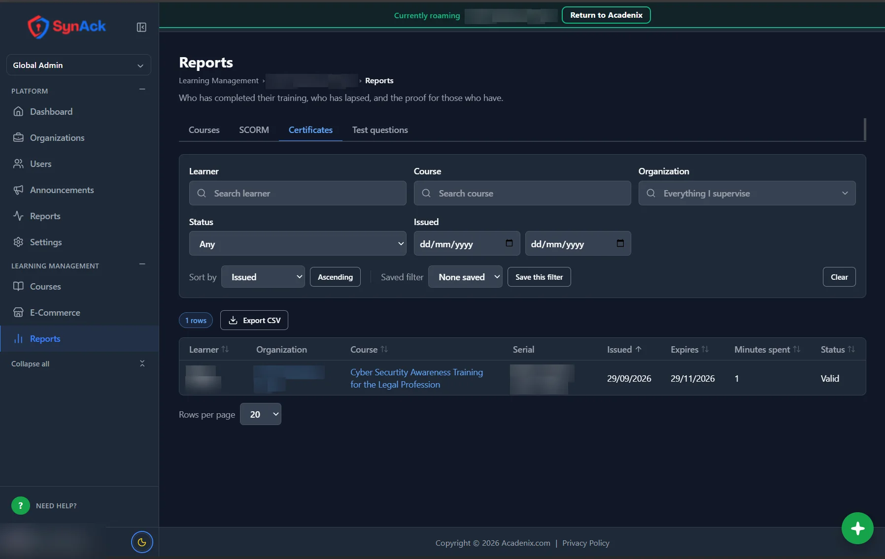 Acadenix LMS certificate report with issue date, expiry date and status