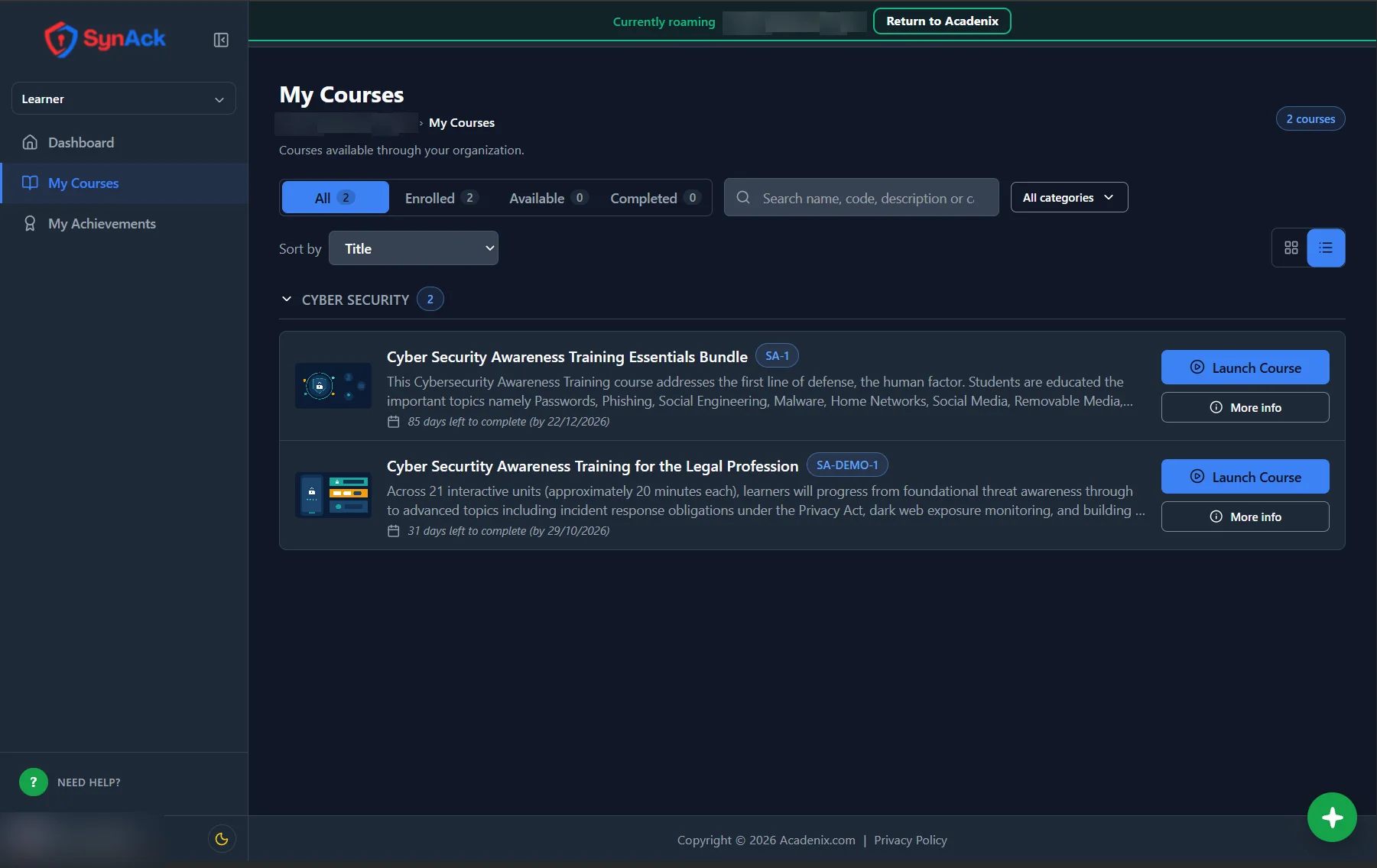 Acadenix LMS My Courses list showing each course's completion deadline