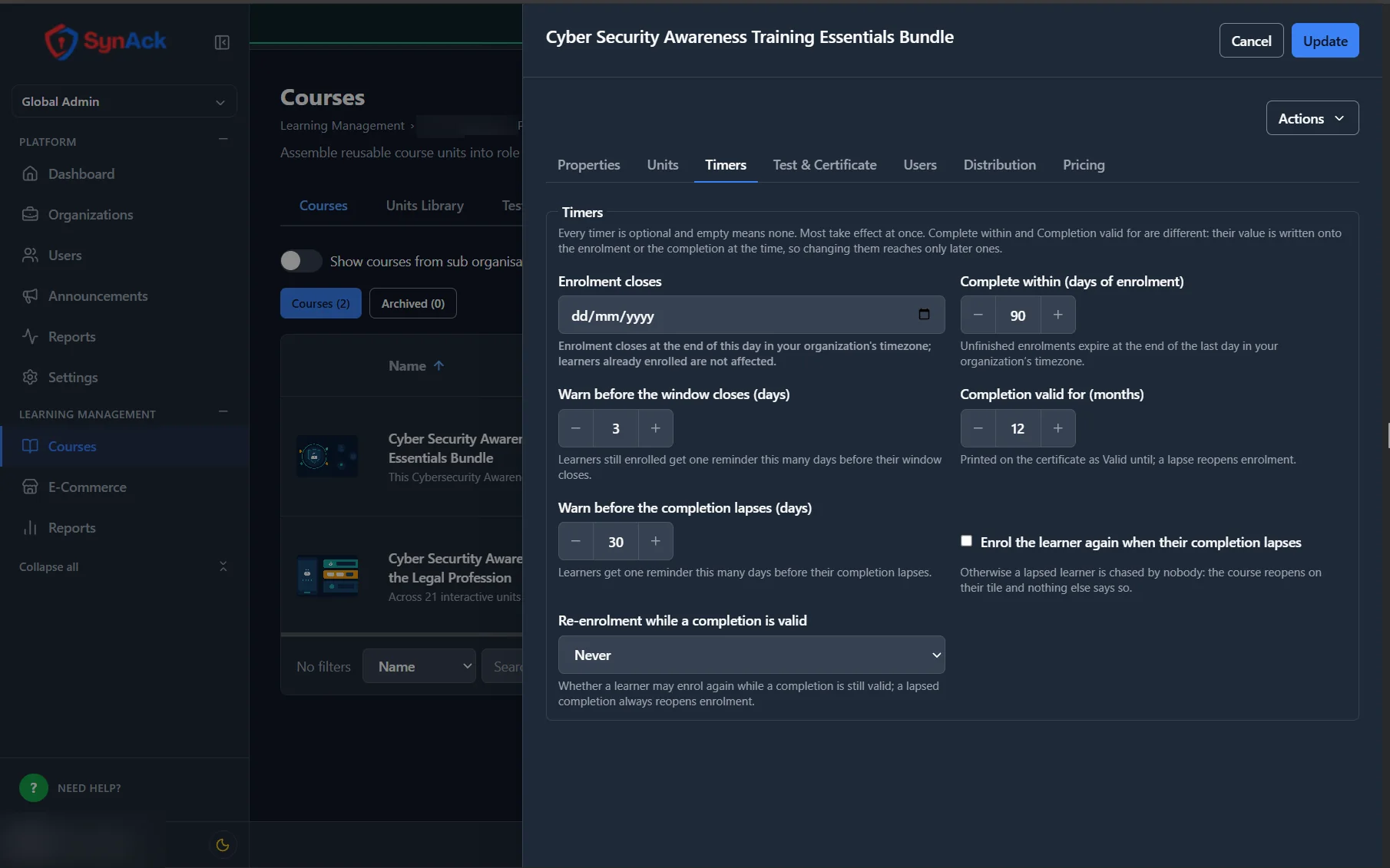 Acadenix LMS course timers: completion deadline, validity period and re-enrolment rules