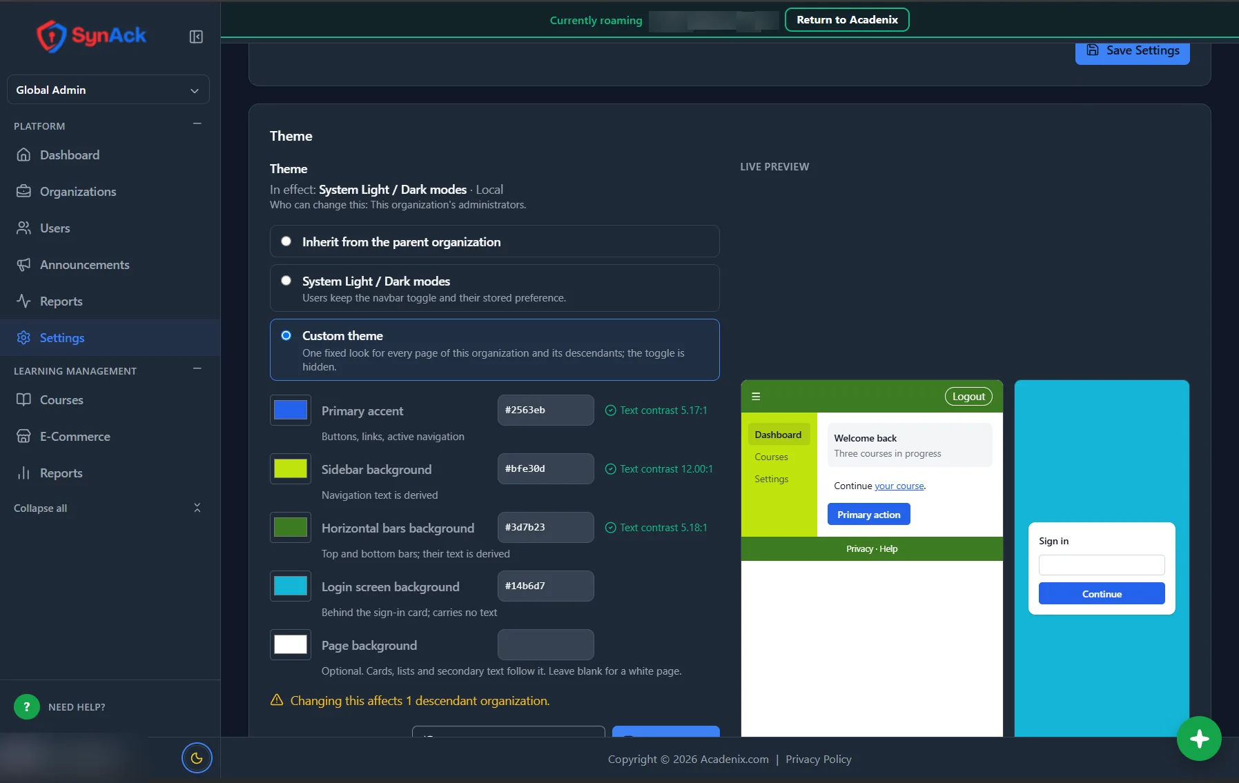 Acadenix LMS custom theme editor with live preview and contrast checks