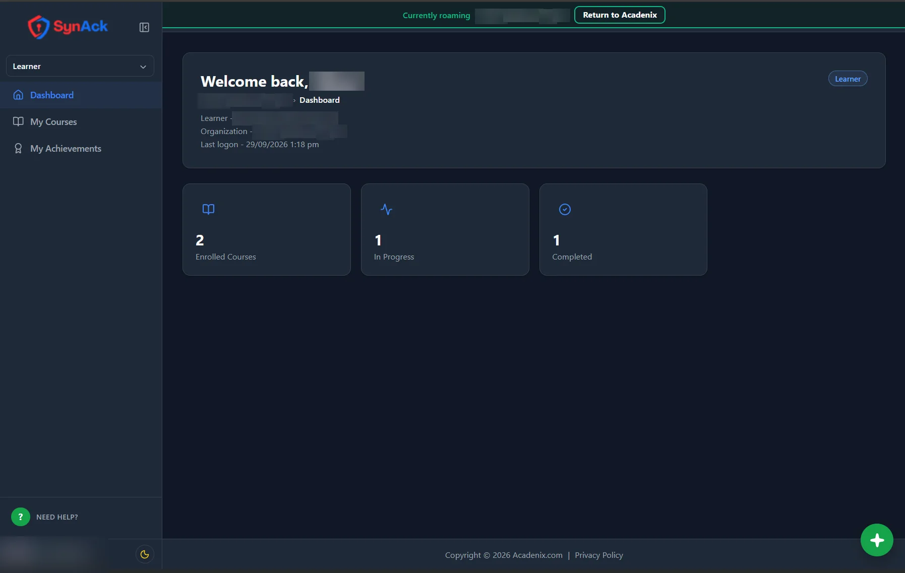 Acadenix LMS dashboard showing enrolled, in-progress and completed courses