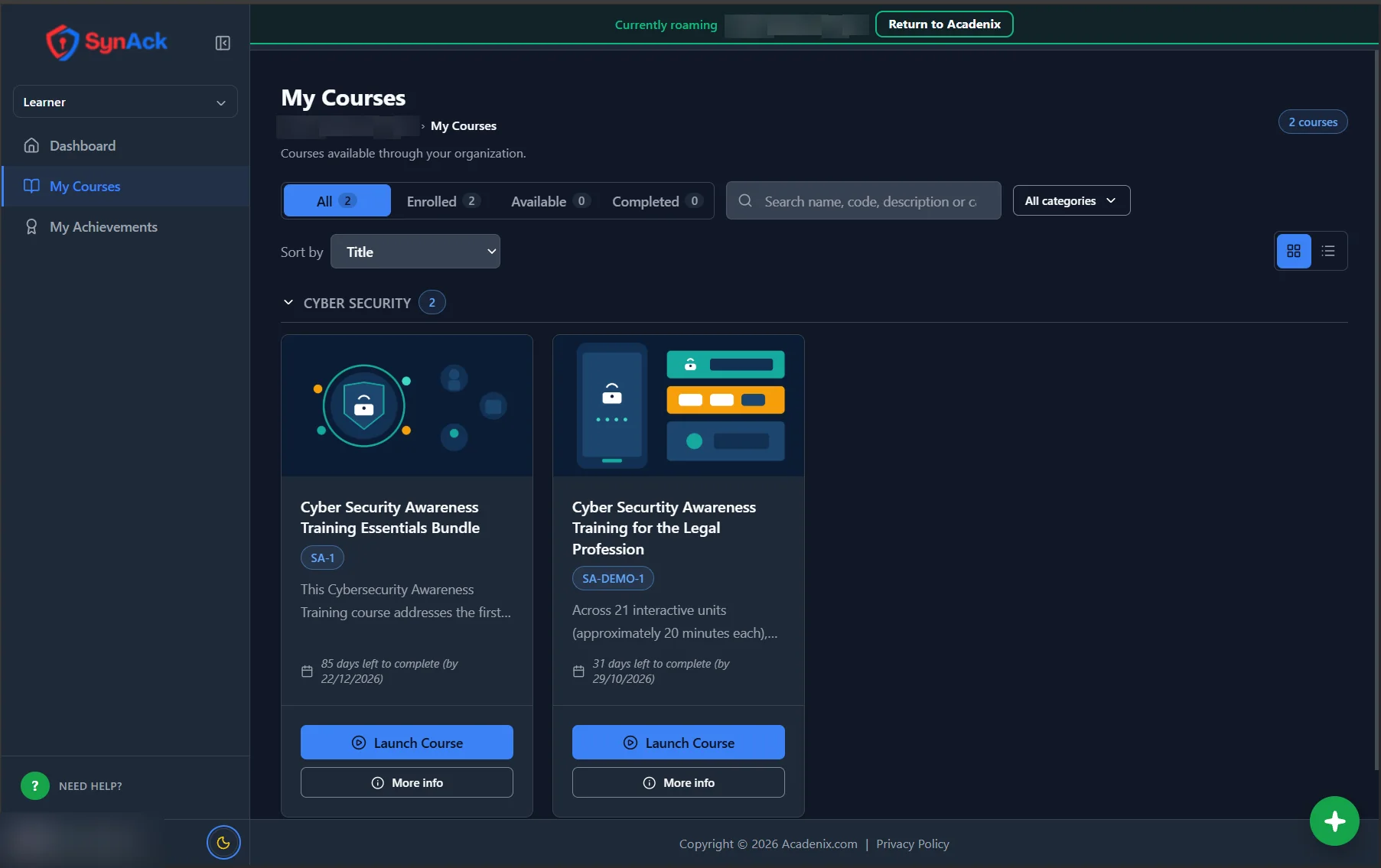 Acadenix LMS learner view: My Courses catalogue in grid view with due dates