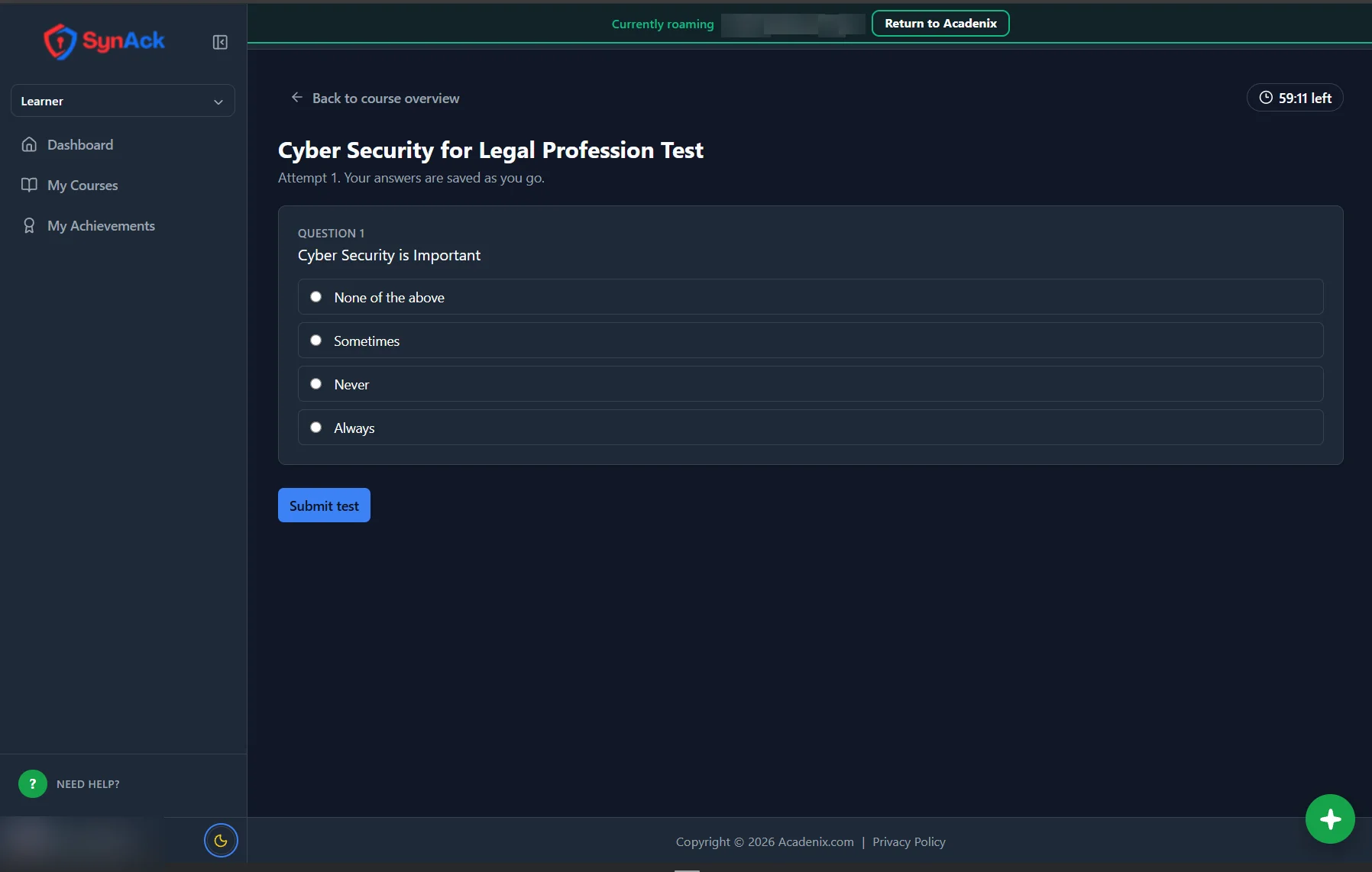 Taking an online test in Acadenix LMS, with the time remaining shown