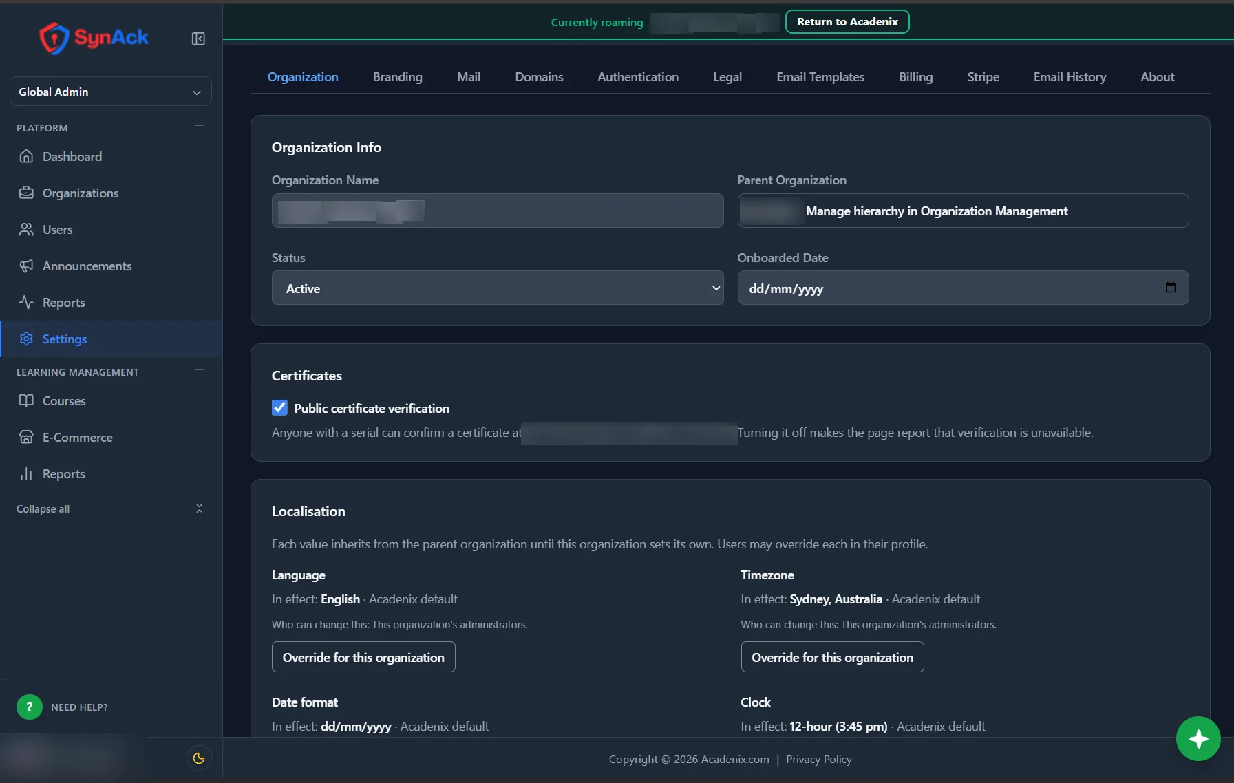 Acadenix LMS organisation settings showing inherited values and certificate verification