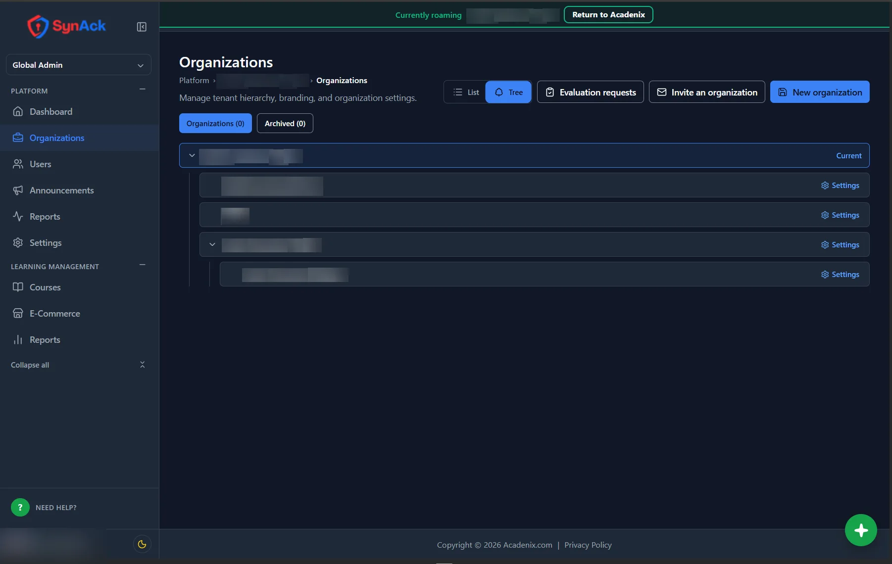 Acadenix LMS organisations tree with nested sub-organisations