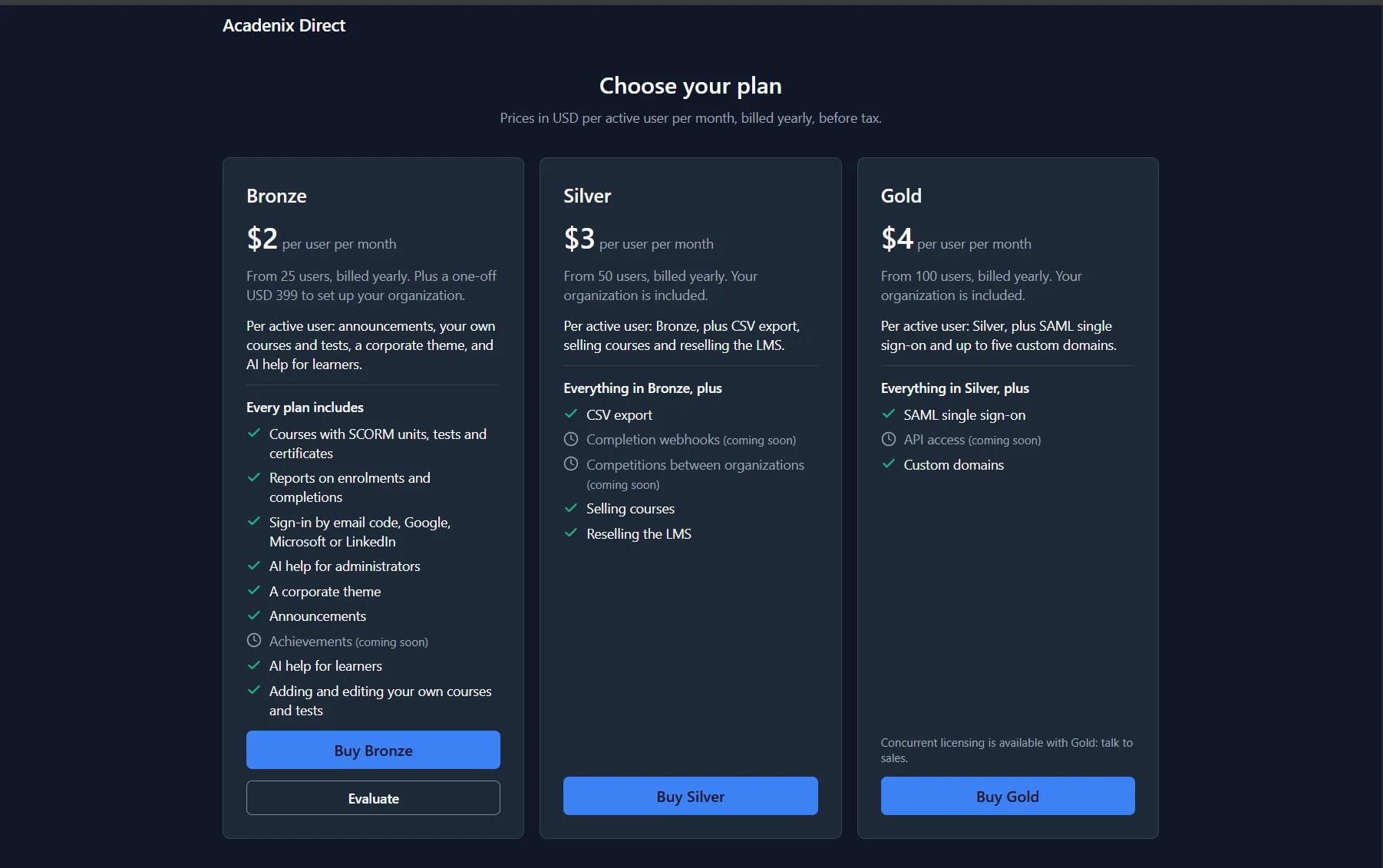 Acadenix sales page showing the Bronze, Silver and Gold plans