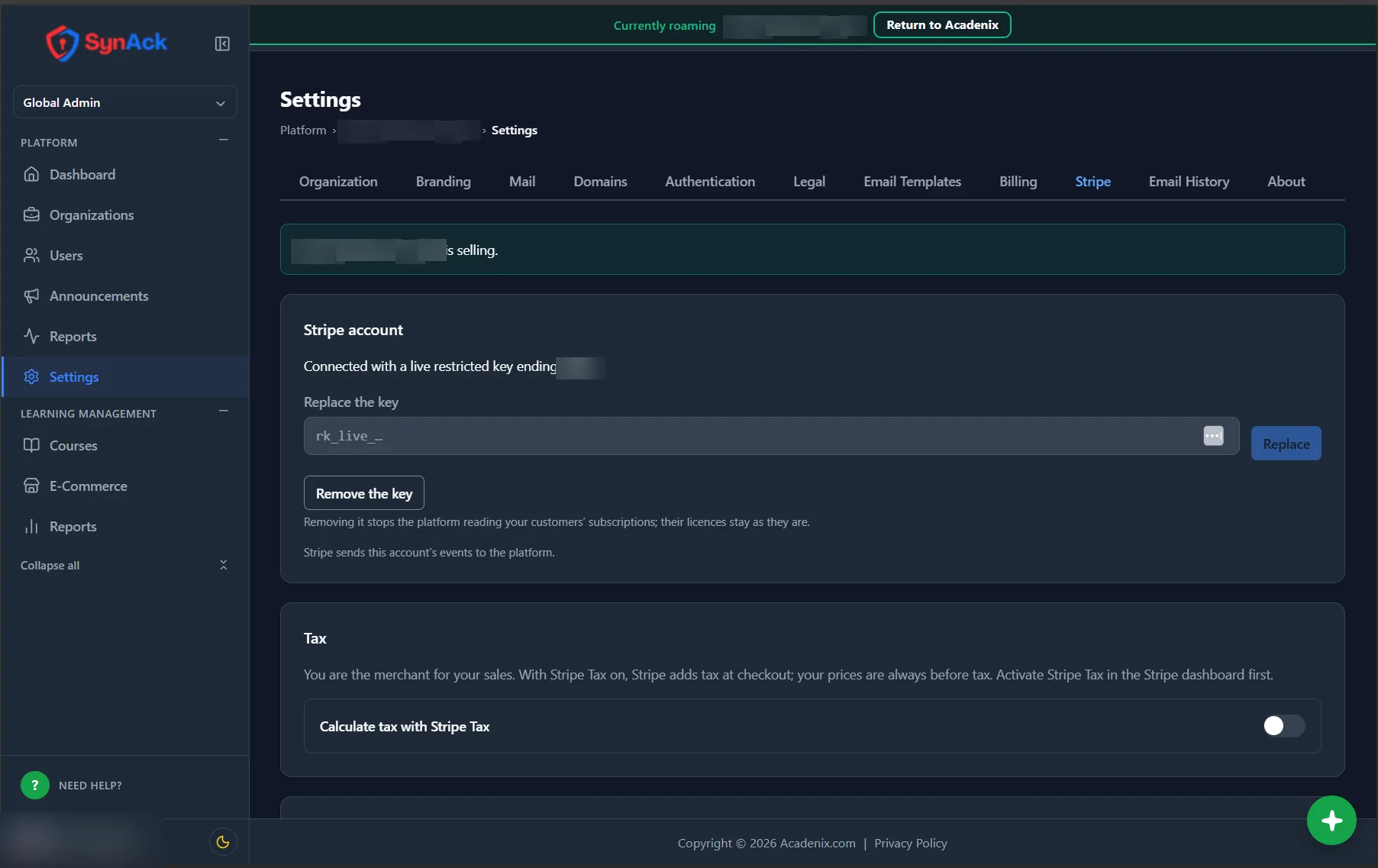 Acadenix LMS Stripe settings for reselling, connected with a restricted key