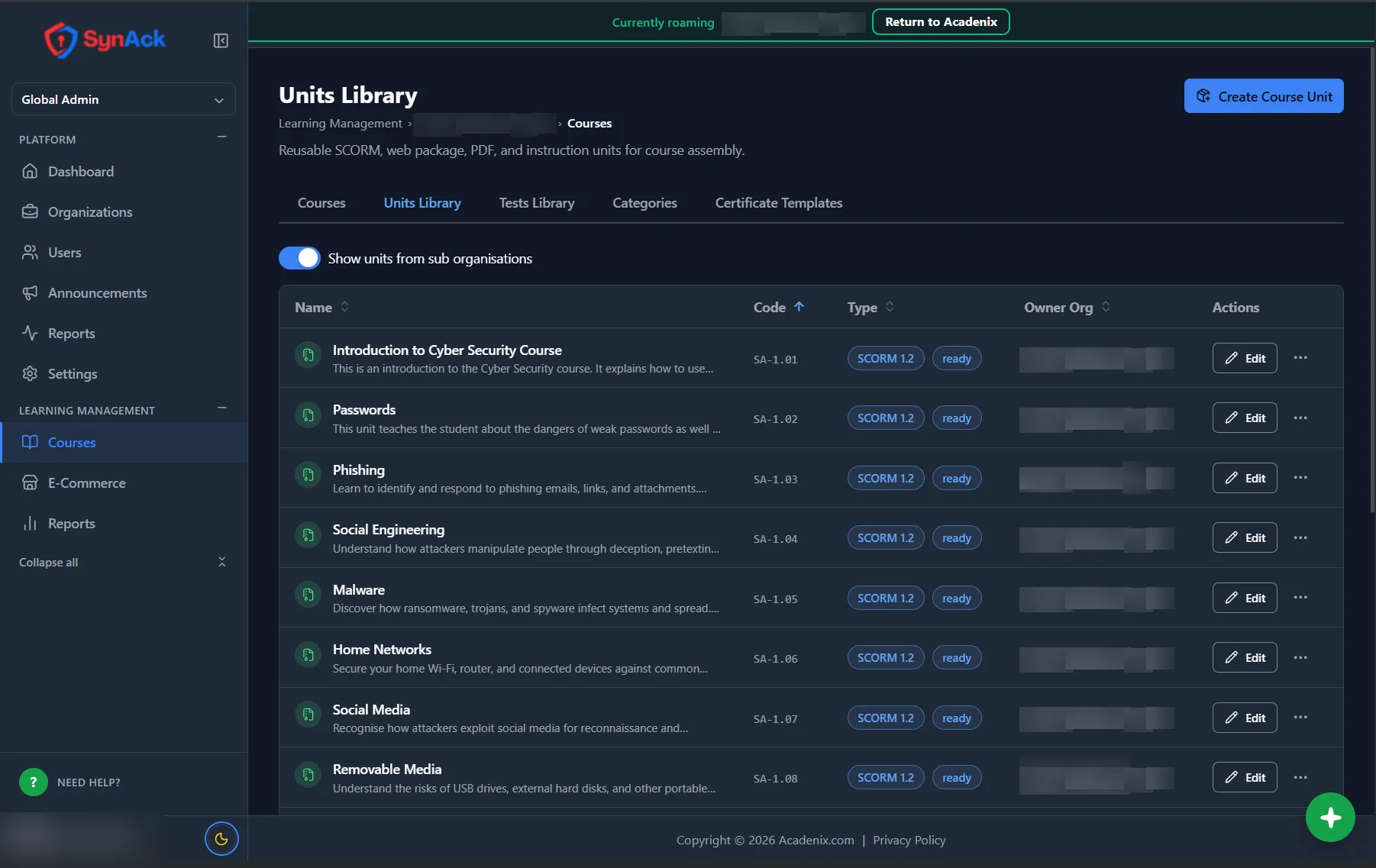 Acadenix LMS units library listing SCORM 1.2 units ready to use in courses