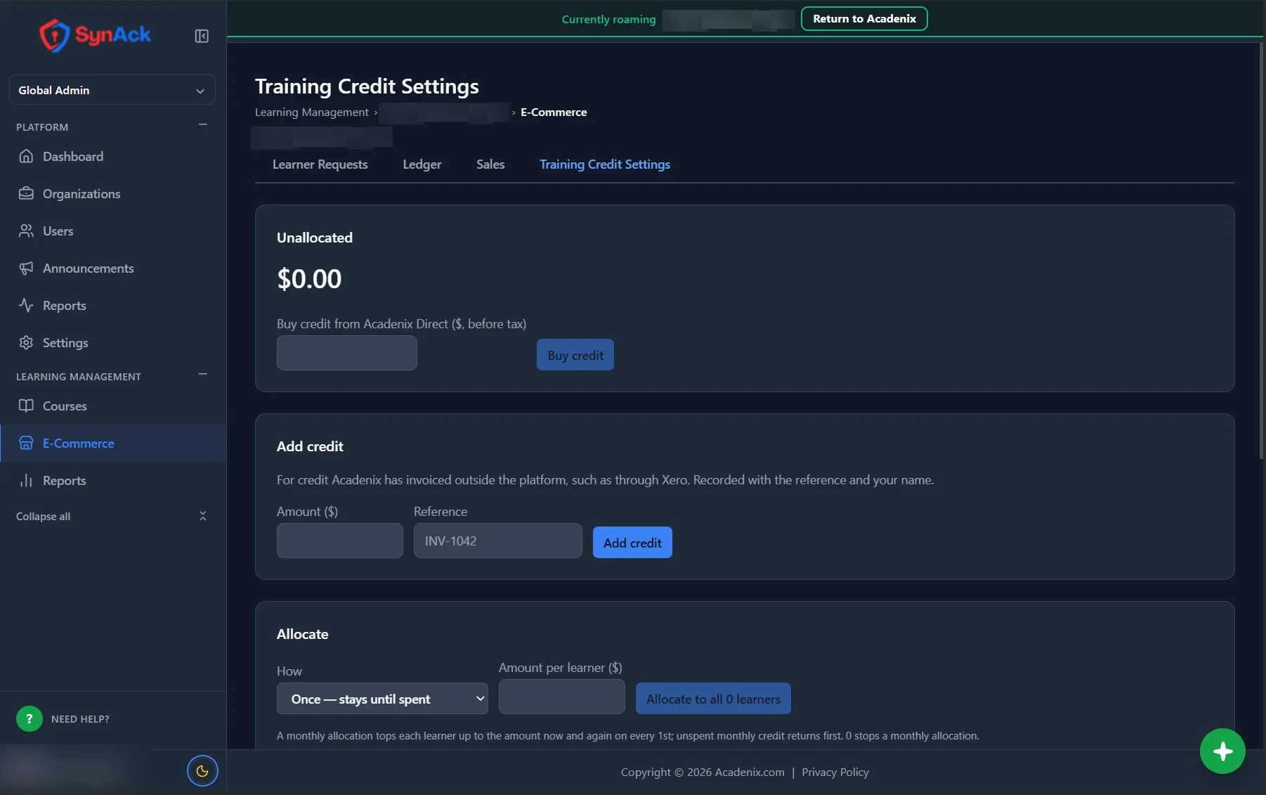 Acadenix LMS training credit settings: buy, add and allocate credit to learners