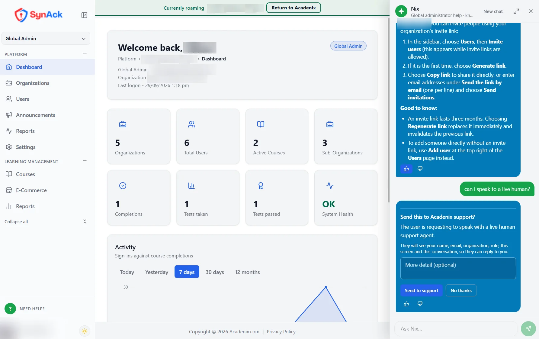 Acadenix LMS administrator dashboard with Nix, the AI help assistant, explaining invite links