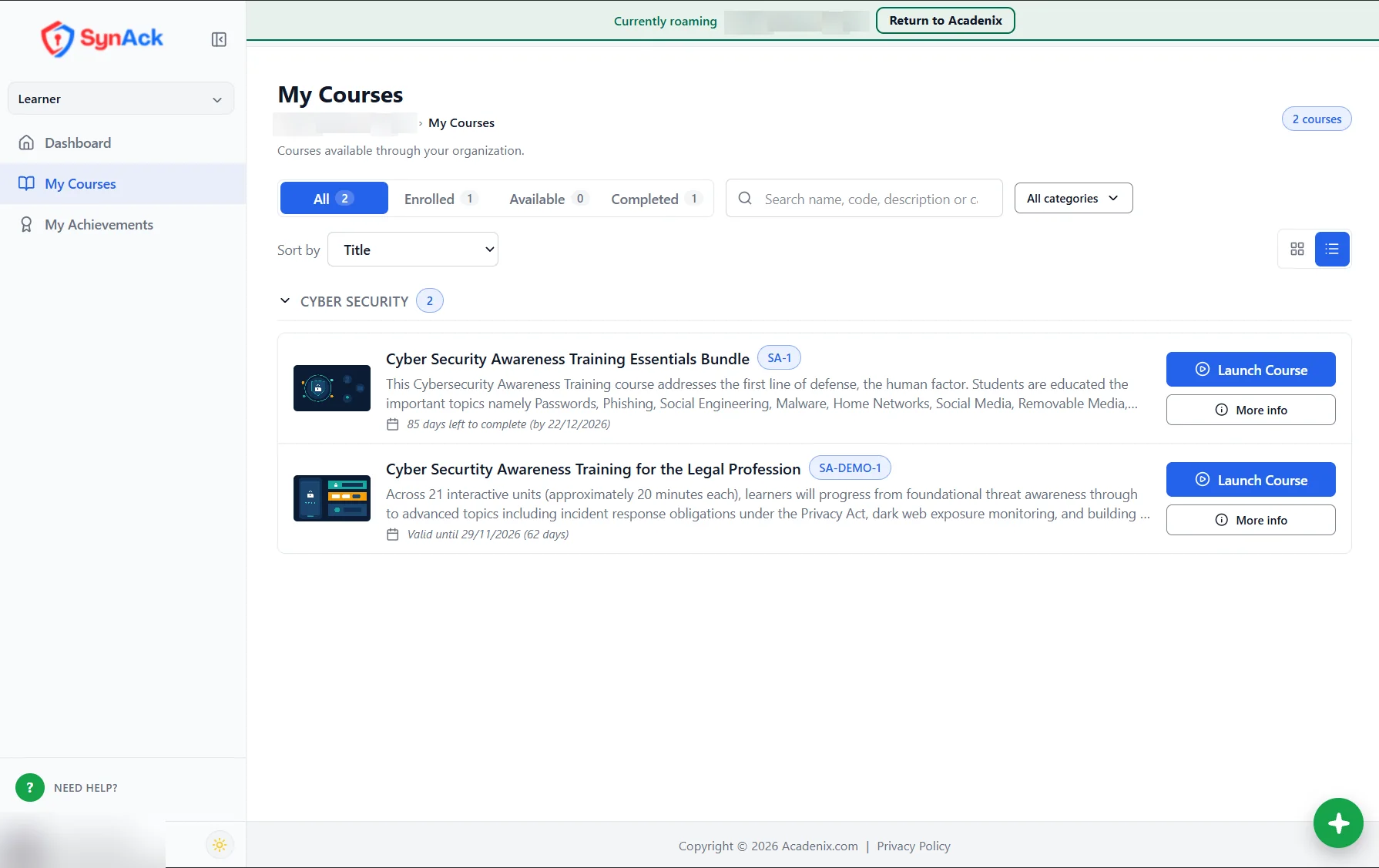 A custom-branded Acadenix LMS academy showing a learner's courses