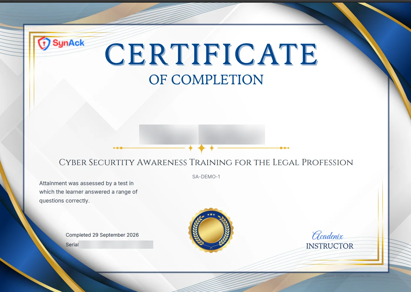 Acadenix LMS certificate of completion with course code, completion date and serial number