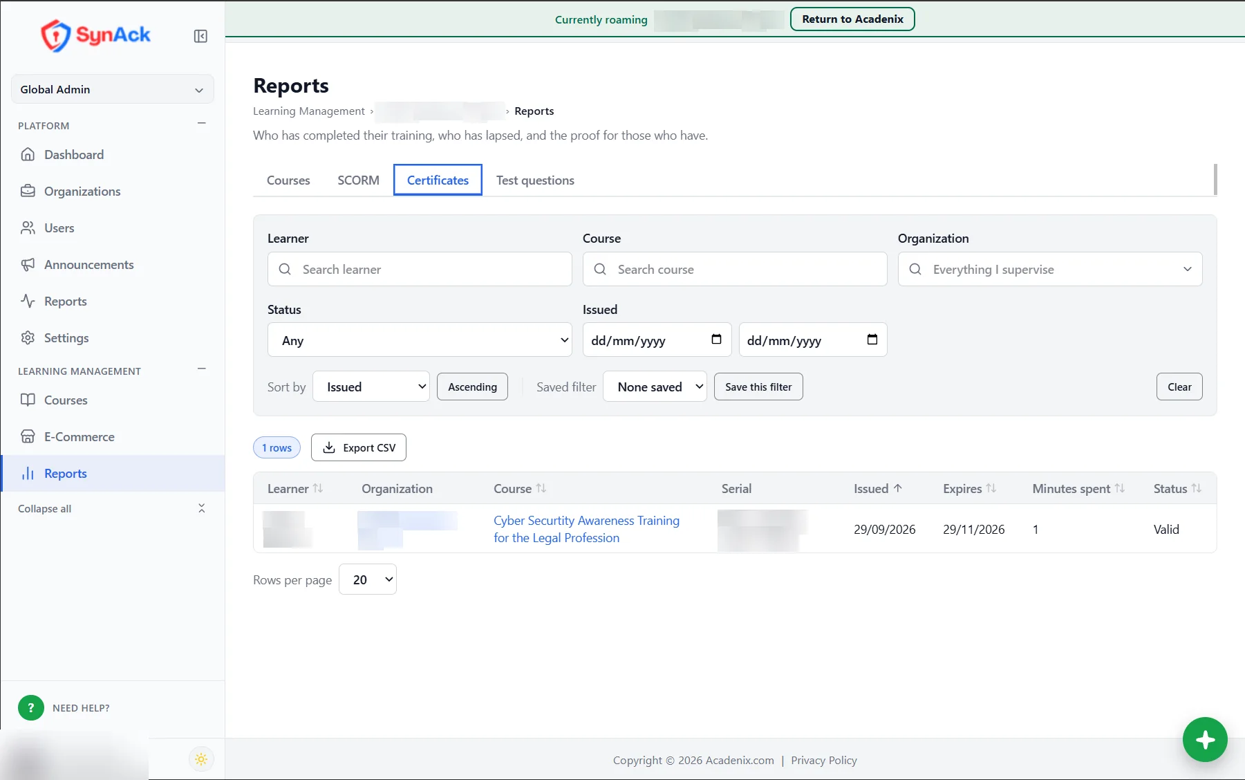Acadenix LMS certificate report with issue date, expiry date and status