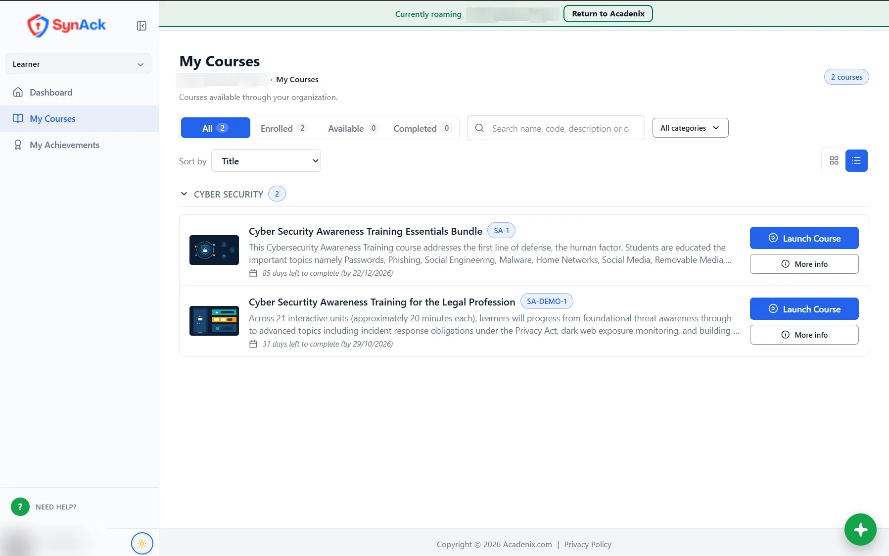 Acadenix LMS My Courses list showing each course's completion deadline