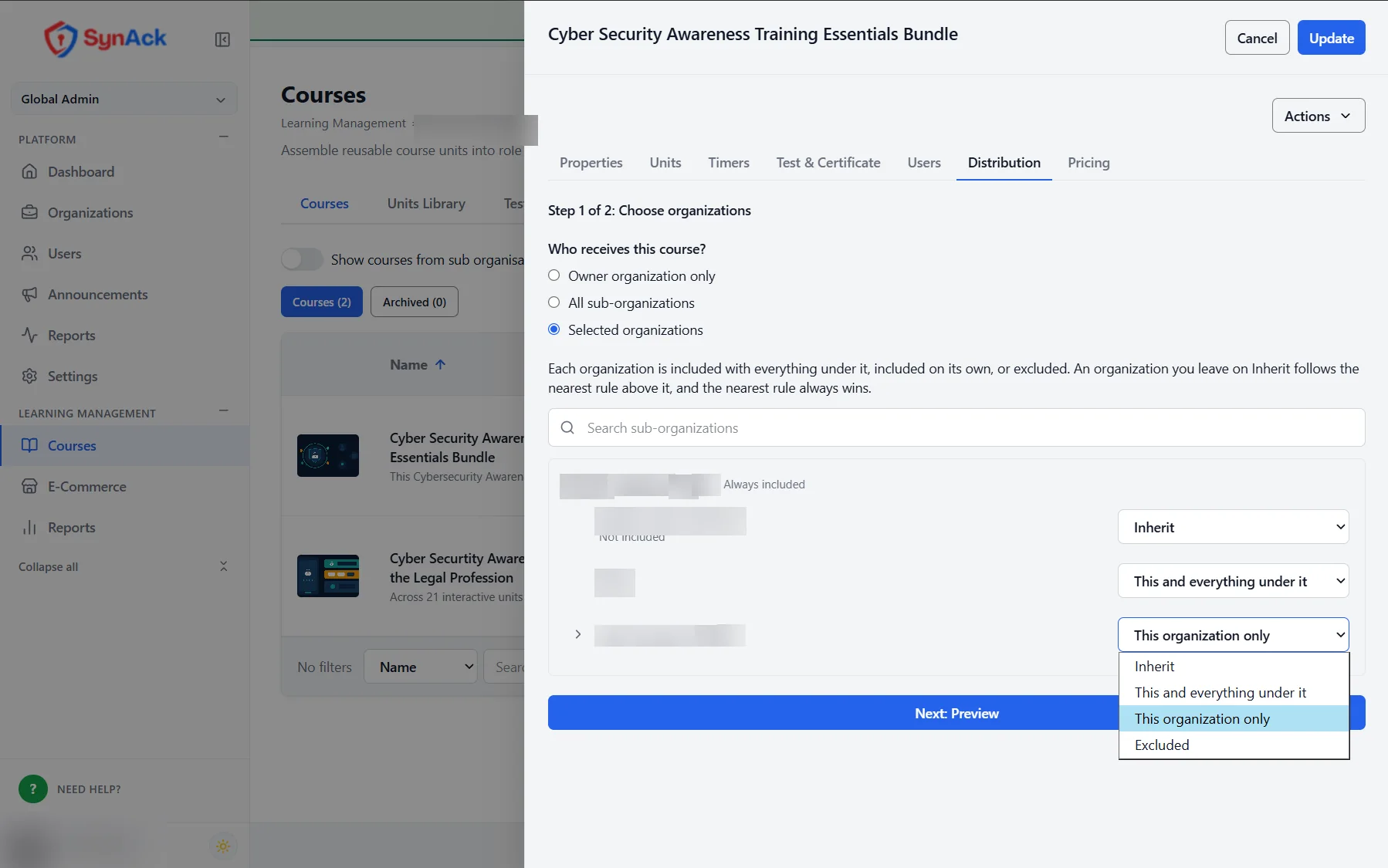 Choosing which organisations receive a course in Acadenix LMS