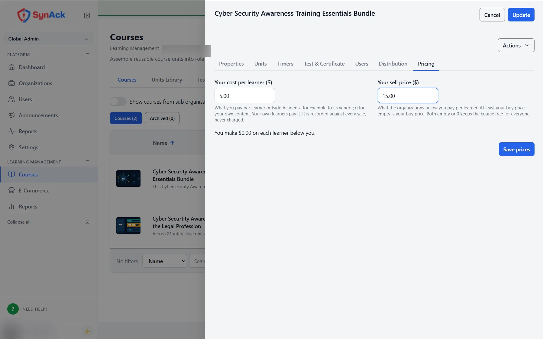 Setting a course's cost and sell price per learner in Acadenix LMS