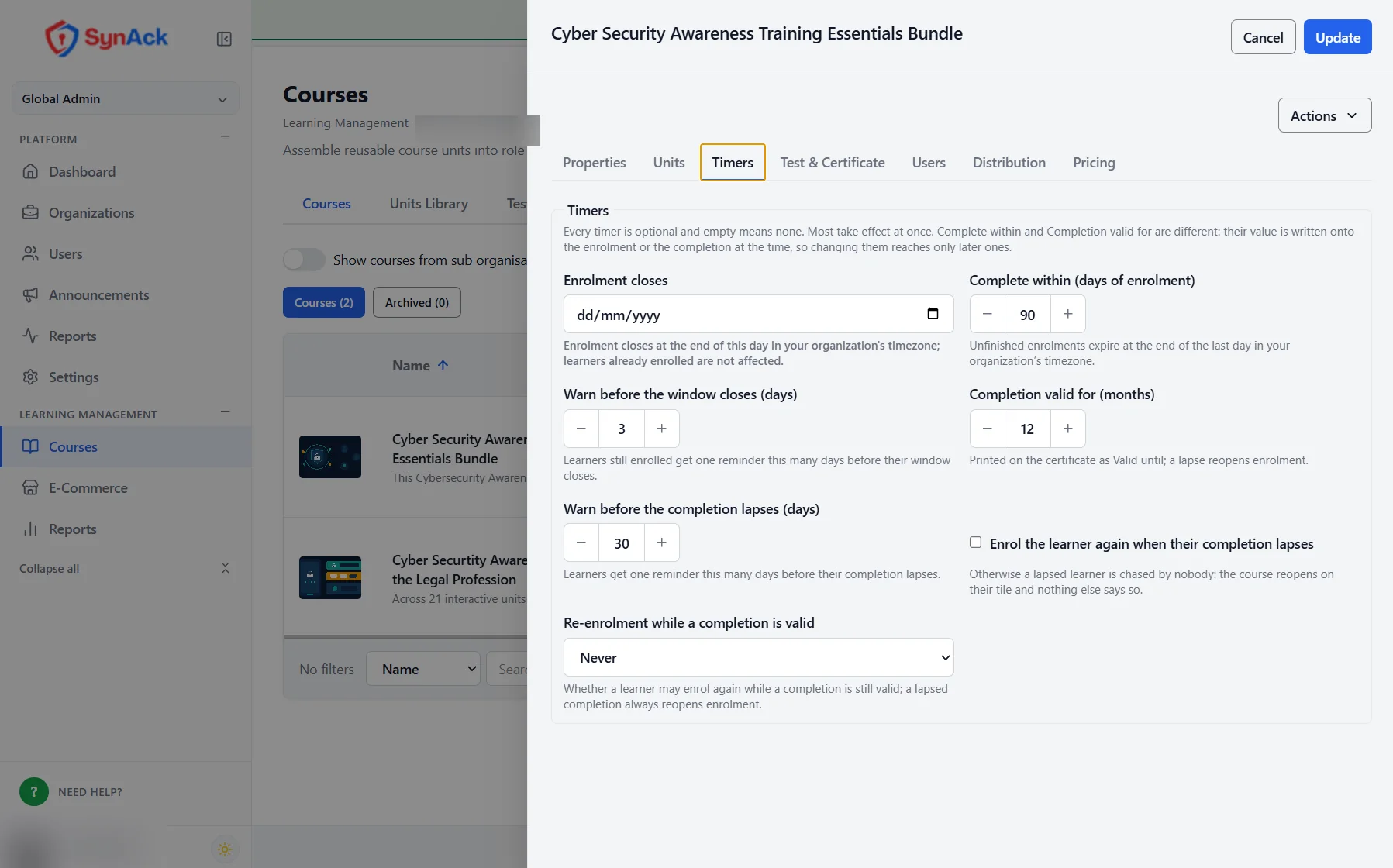 Acadenix LMS course timers: completion deadline, validity period and re-enrolment rules