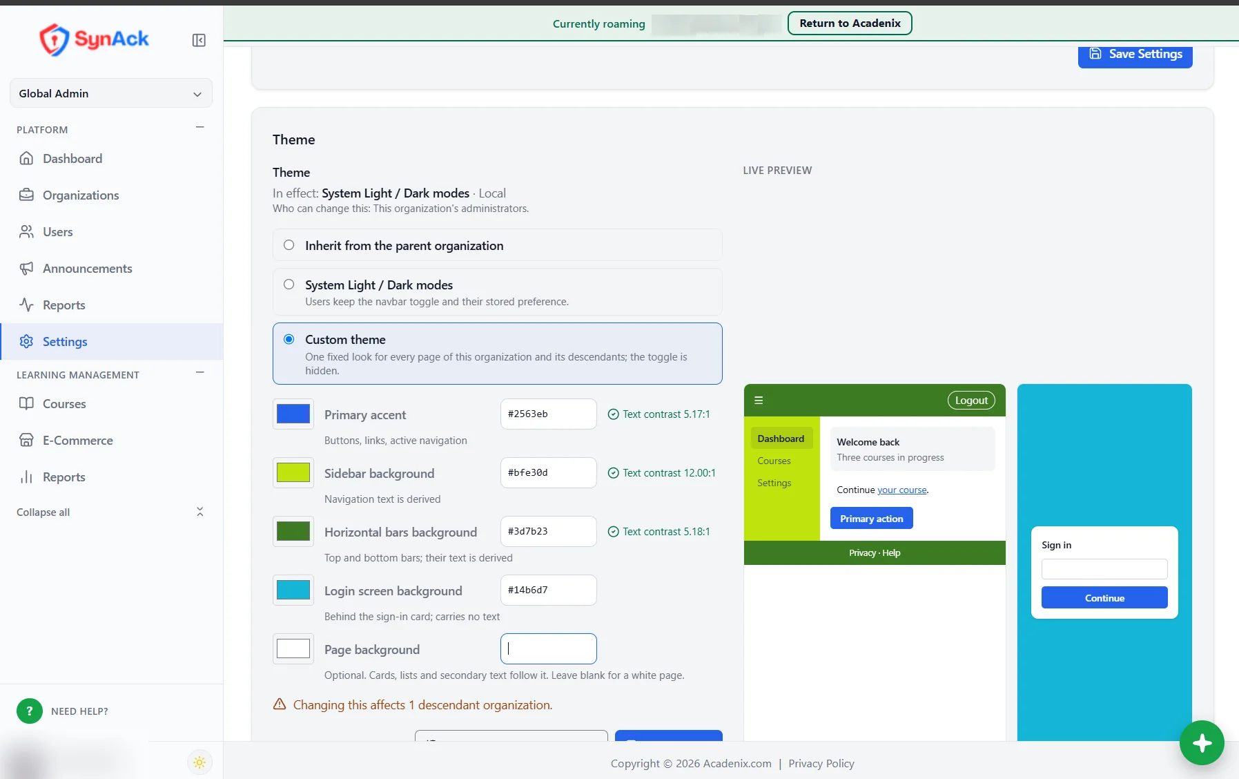 Acadenix LMS custom theme editor with live preview and contrast checks