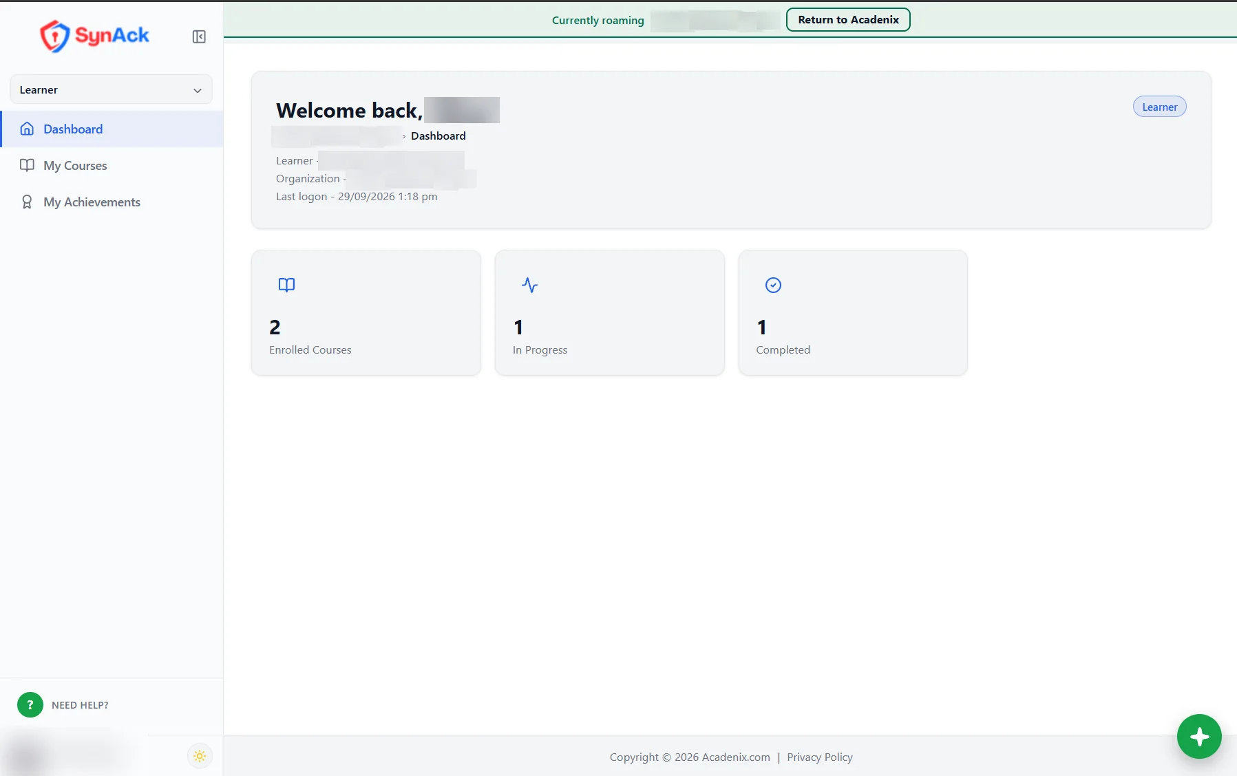 Acadenix LMS dashboard showing enrolled, in-progress and completed courses