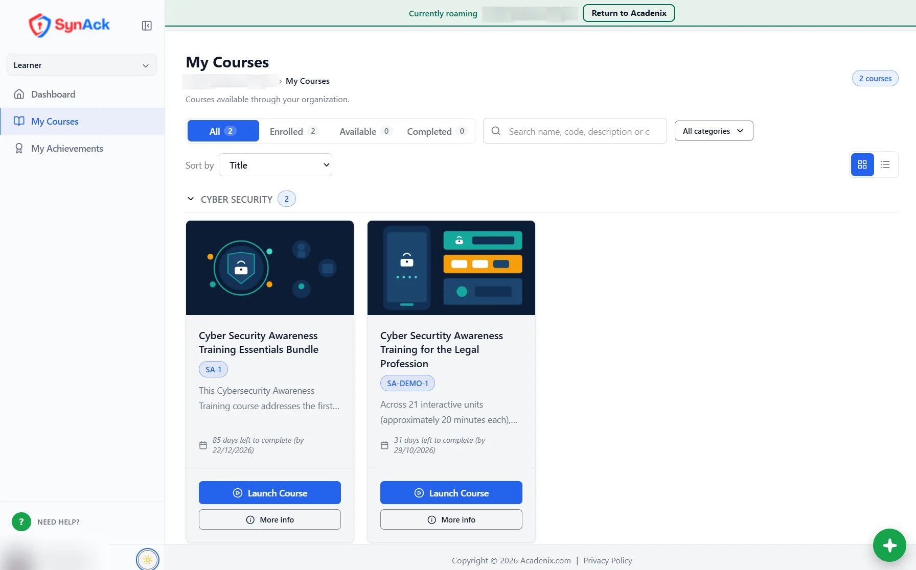 Acadenix LMS learner view: My Courses catalogue in grid view with due dates