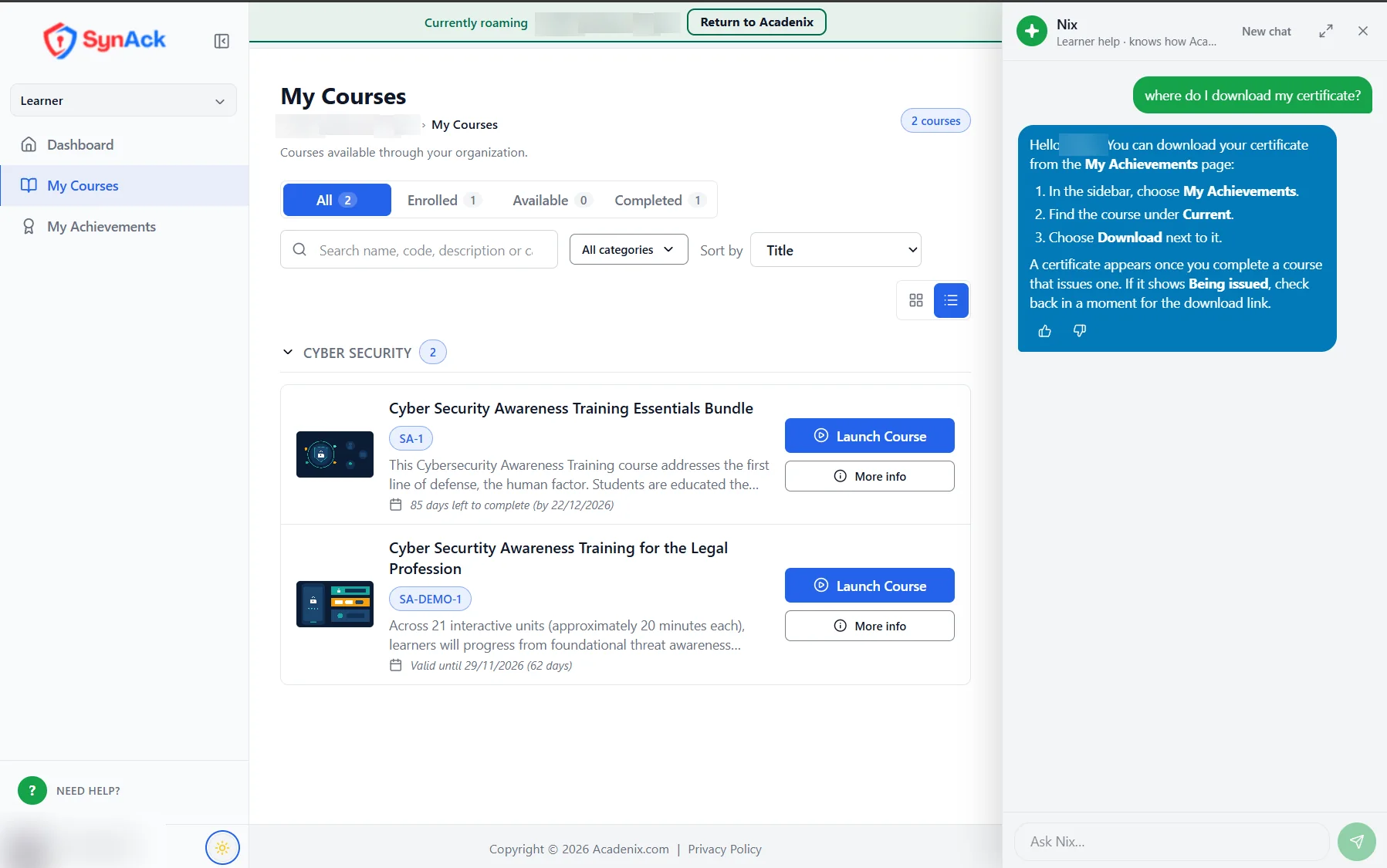 Nix, the Acadenix AI help assistant, explaining how a learner downloads their certificate