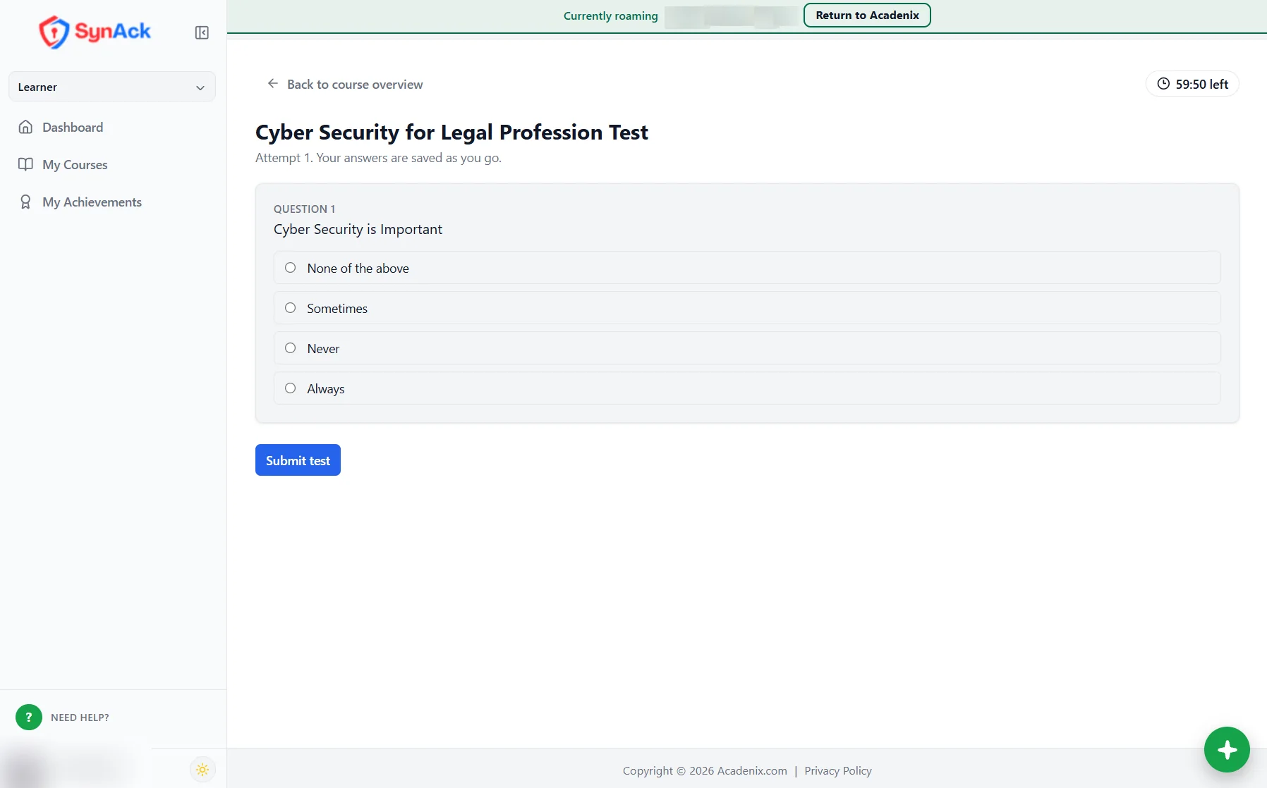 Taking an online test in Acadenix LMS, with the time remaining shown