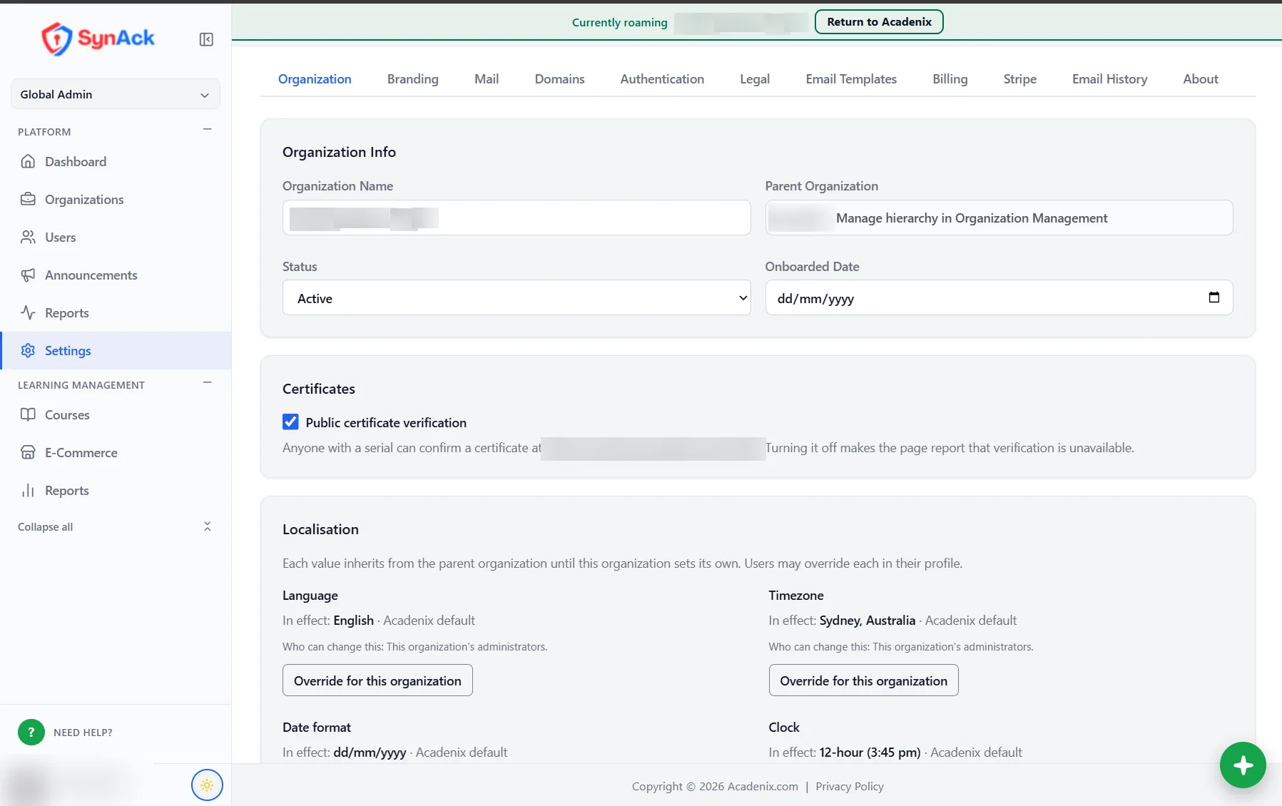 Acadenix LMS organisation settings showing inherited values and certificate verification