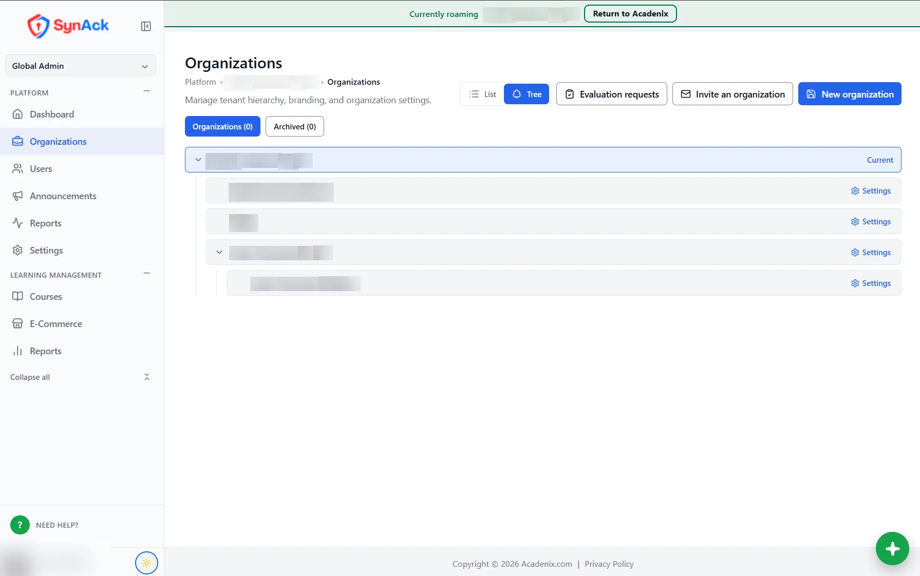 Acadenix LMS organisations tree with nested sub-organisations