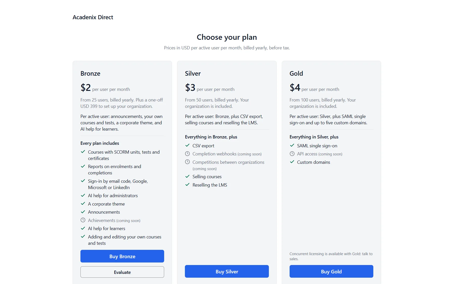 Acadenix sales page showing the Bronze, Silver and Gold plans