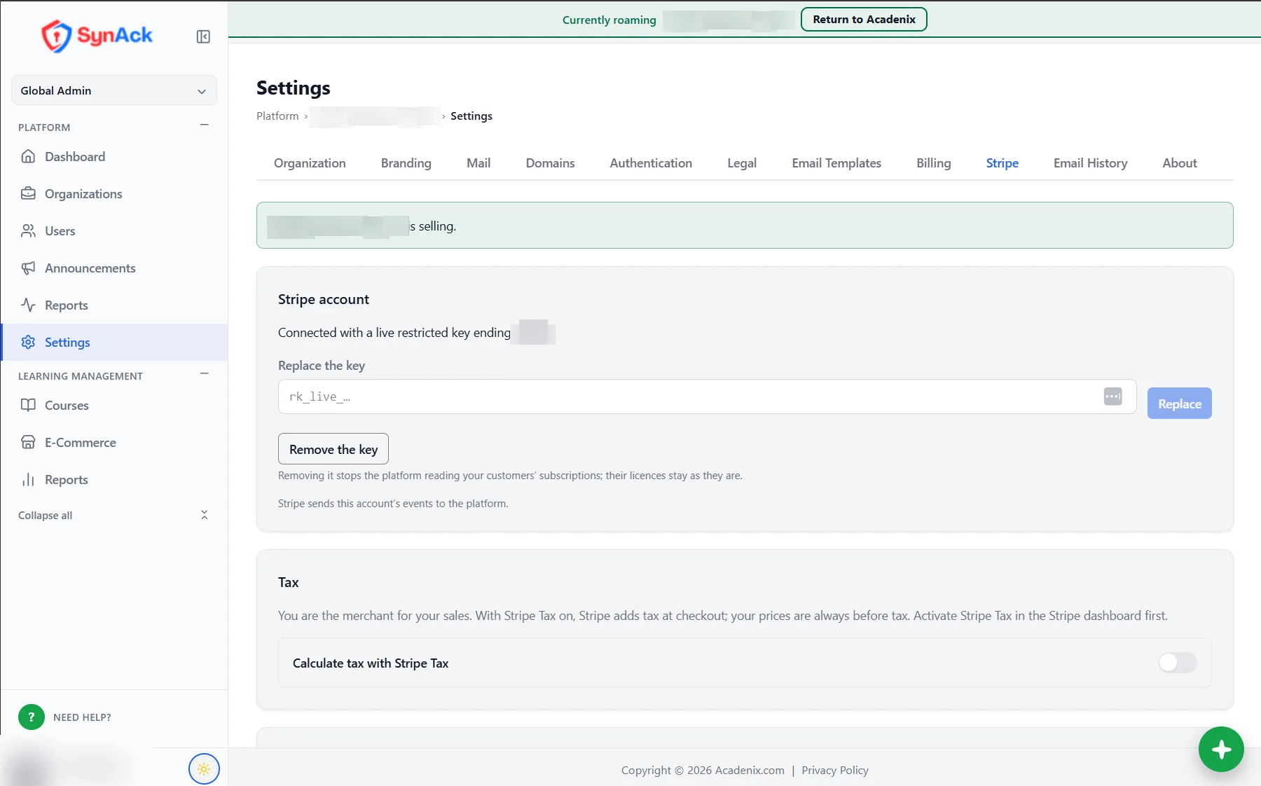 Acadenix LMS Stripe settings for reselling, connected with a restricted key