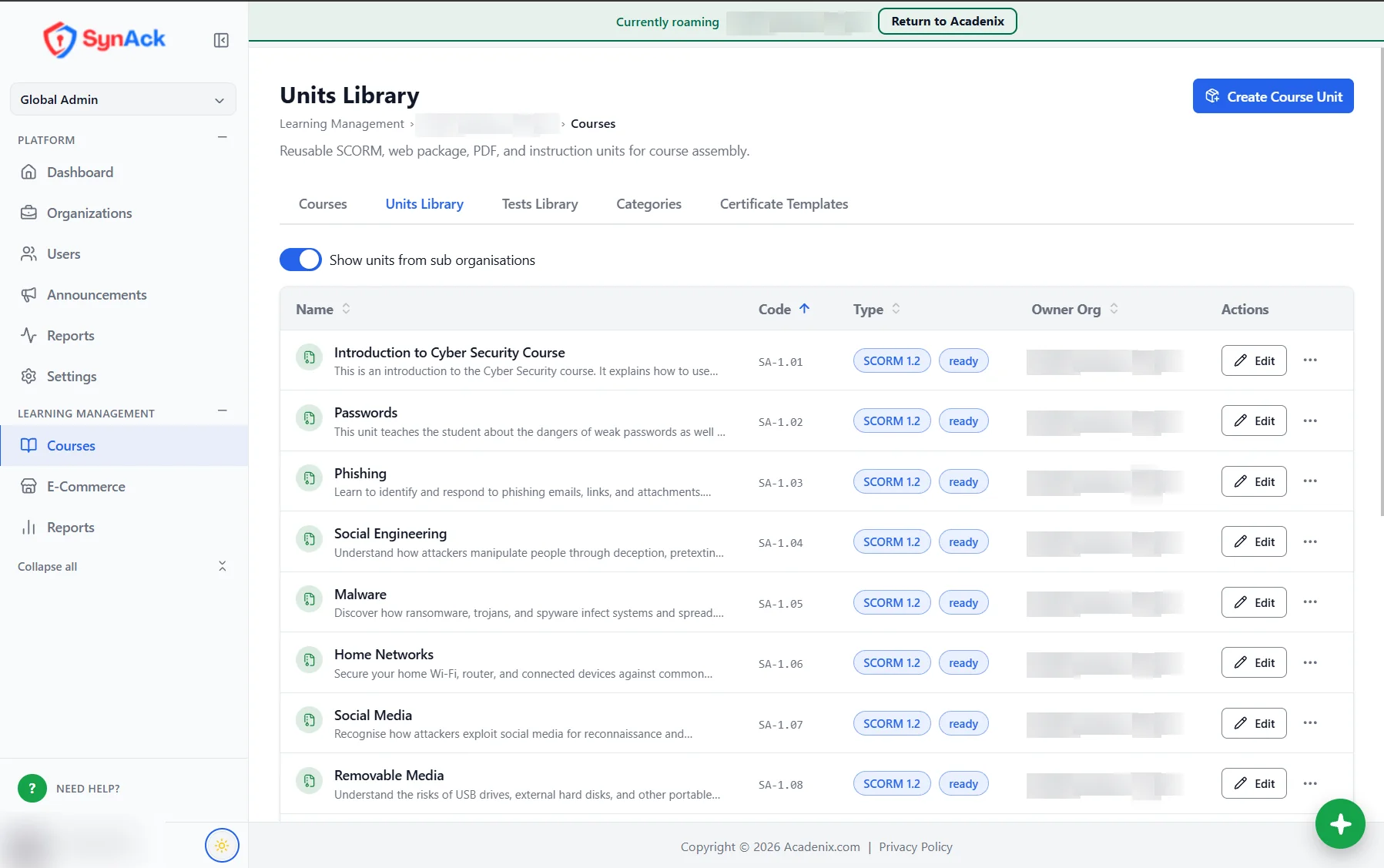 Acadenix LMS units library listing SCORM 1.2 units ready to use in courses