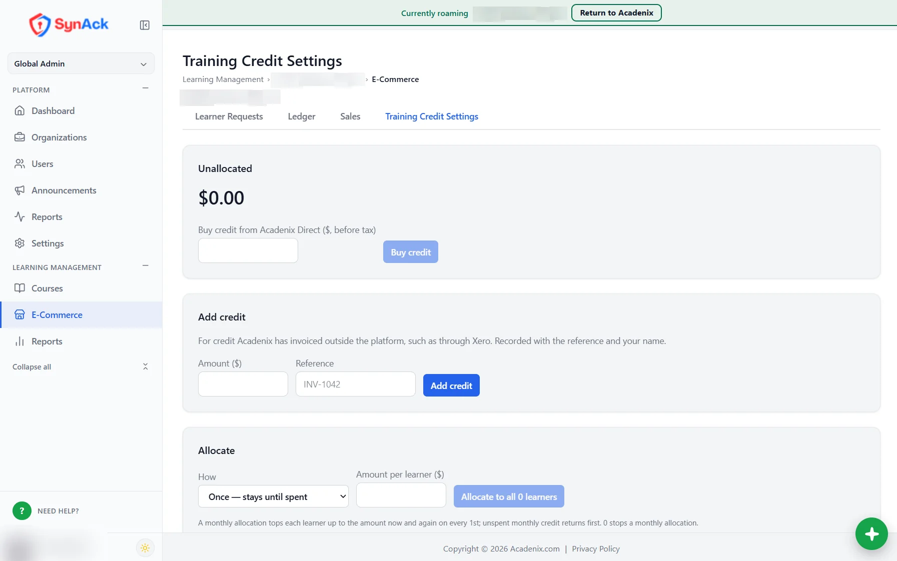 Acadenix LMS training credit settings: buy, add and allocate credit to learners